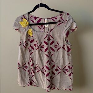 Floreat by Anthropologie Cream and Burgundy Graphic Boxy Blouse